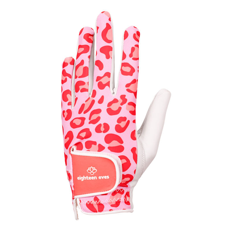 Pink leopard print on women's white leather golf glove. Available in left hand, right hand and pair.