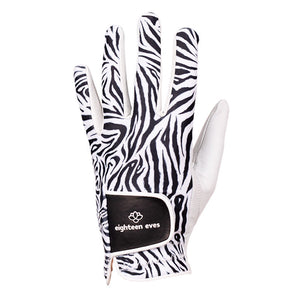 Zebra print on women's white leather golf glove. Available in left hand.