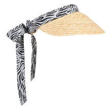 Load image into Gallery viewer, Women&#39;s golf visor with straw brim, black and white Zebra print band that ties into a bow at the back