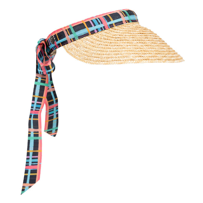 Women's golf visor with straw brim, multi-coloured tartan print band that ties into a bow at the back