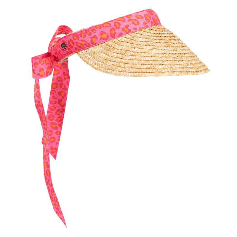 Women's golf visor with straw brim, pink leopard print band that ties into a bow at the back